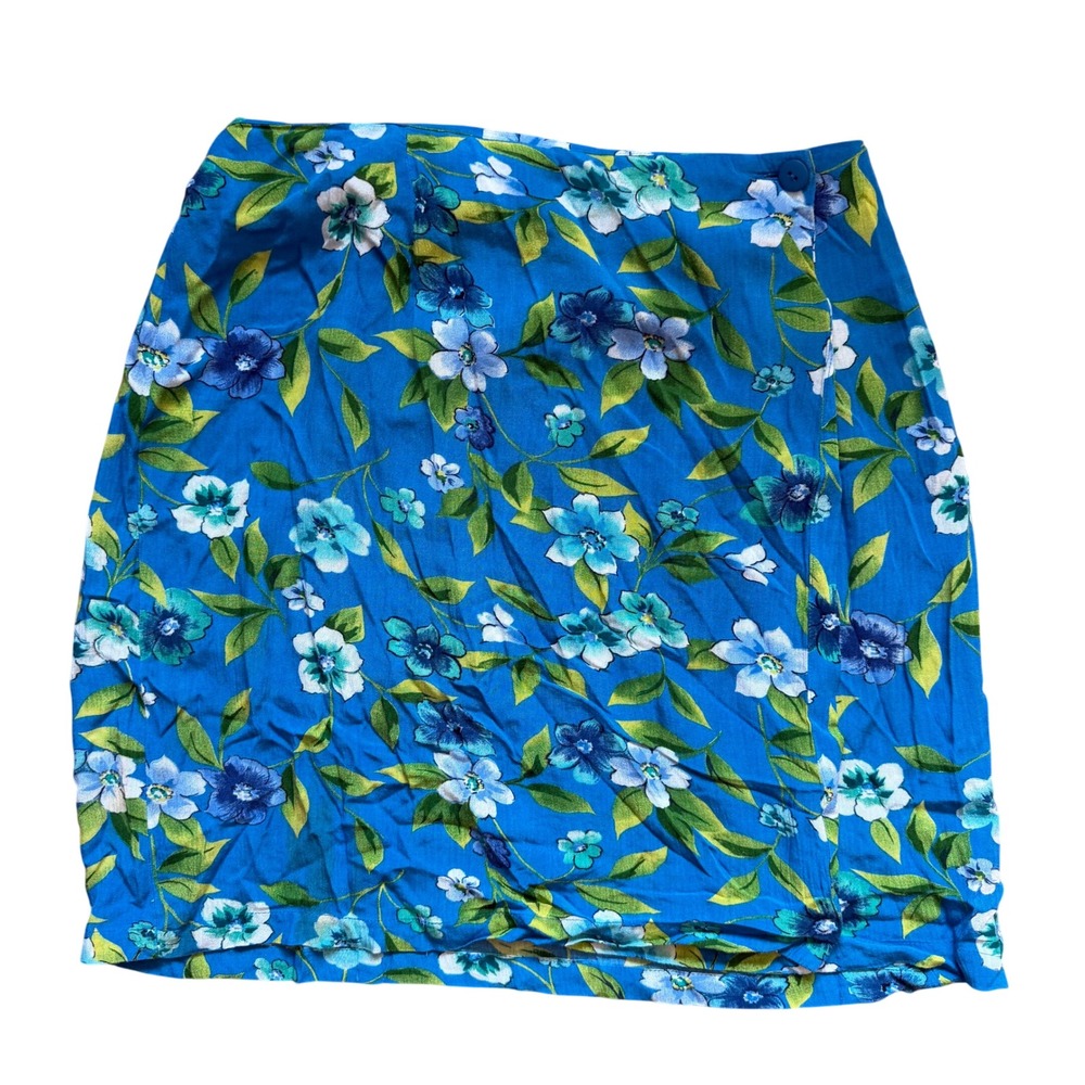 Vintage 90s Lee David Tropical‎ Botanical Mini Skirt Blue Wrap Skirt Vacation 12